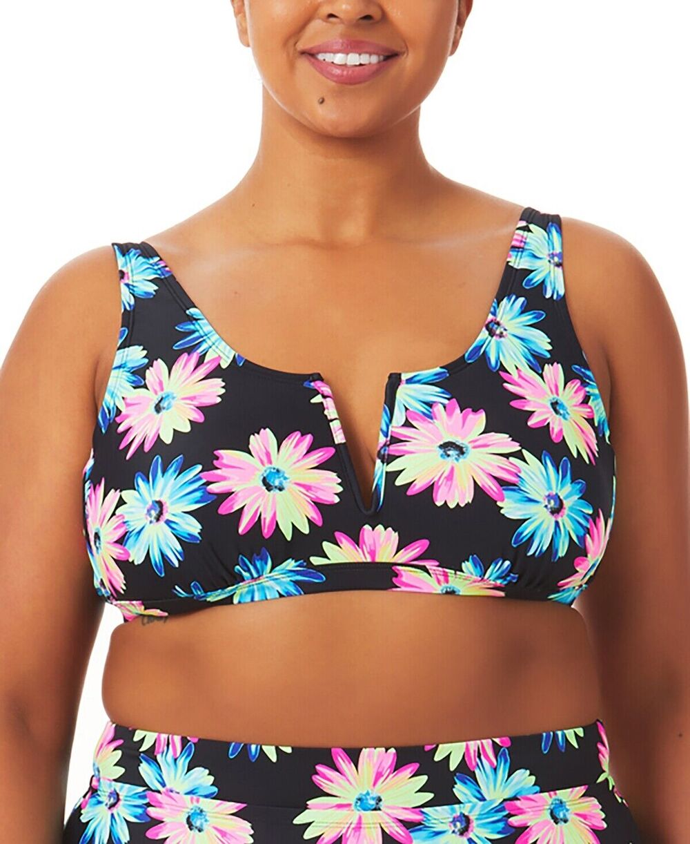 California Waves Plus Gerber Daisy Bikini Top Black Neon Size 2 (20/22) New V